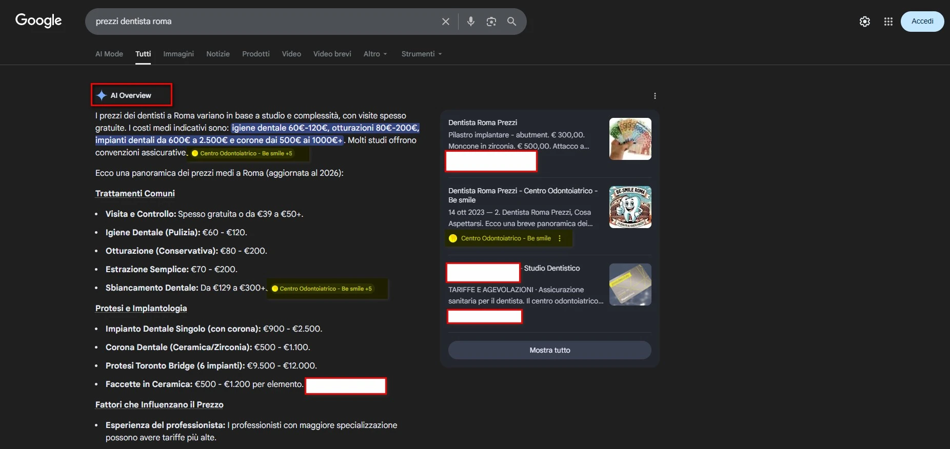 AI Overview Google con Be-Smile come fonte numero 1 su 7 siti citati