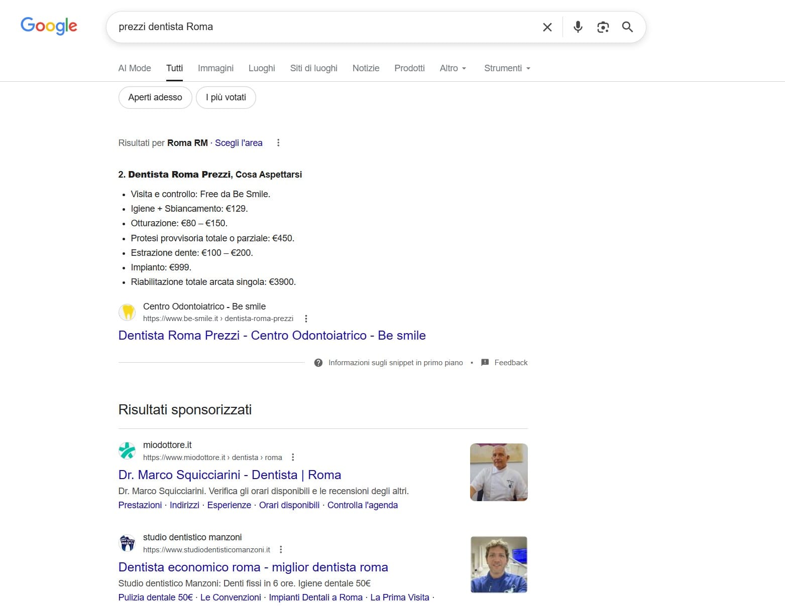 Featured Snippet Be-Smile per prezzi dentista Roma su Google SERP