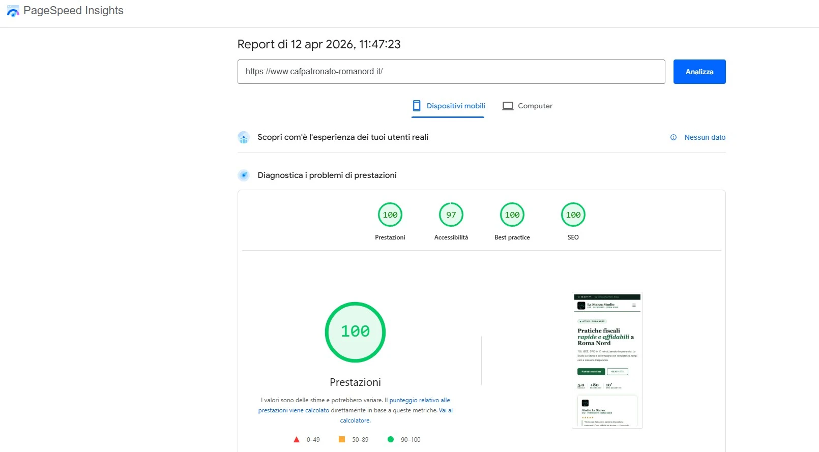 PageSpeed Insights 100 su 100 su 100 su 100 per CAF Patronato Roma Nord