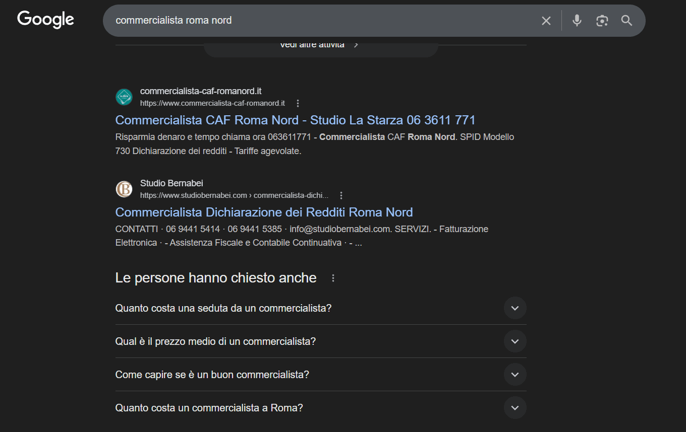 Commercialista Roma Nord prima posizione organica Google SERP