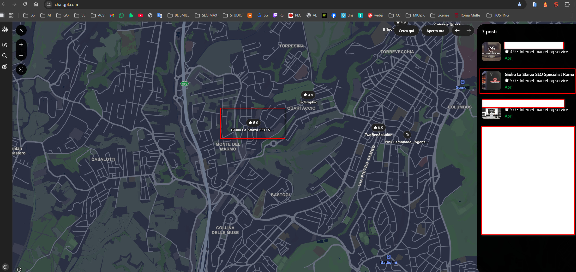 ChatGPT mostra Giulio La Starza sulla mappa di Roma tra i consulenti SEO consigliati