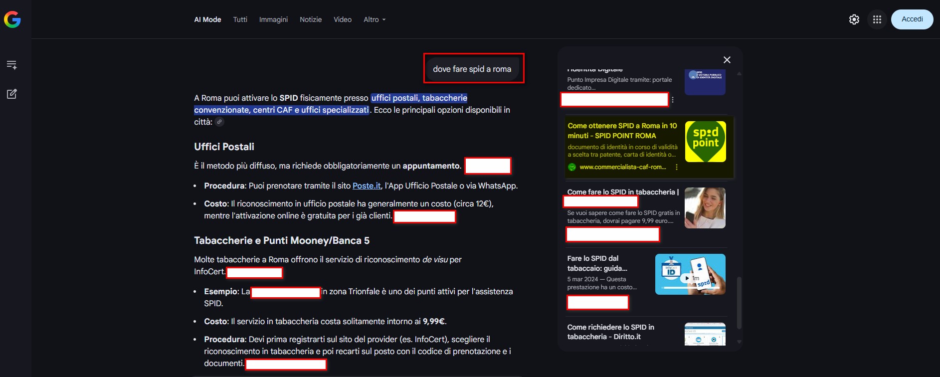 Google AI Mode cita SPID Point Roma con link diretto
