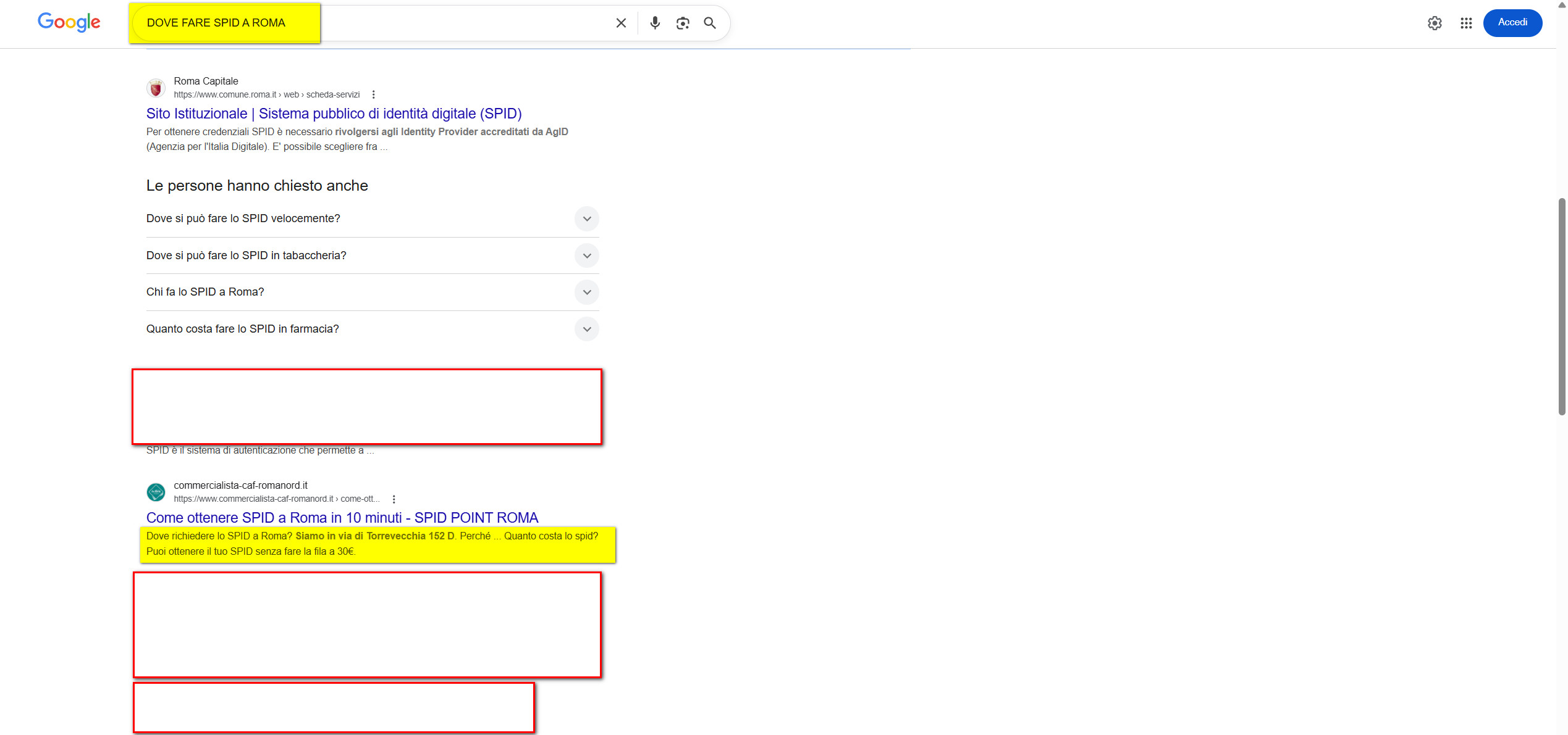 Google SERP con Rich Snippet SPID Point Roma prezzo 30 euro