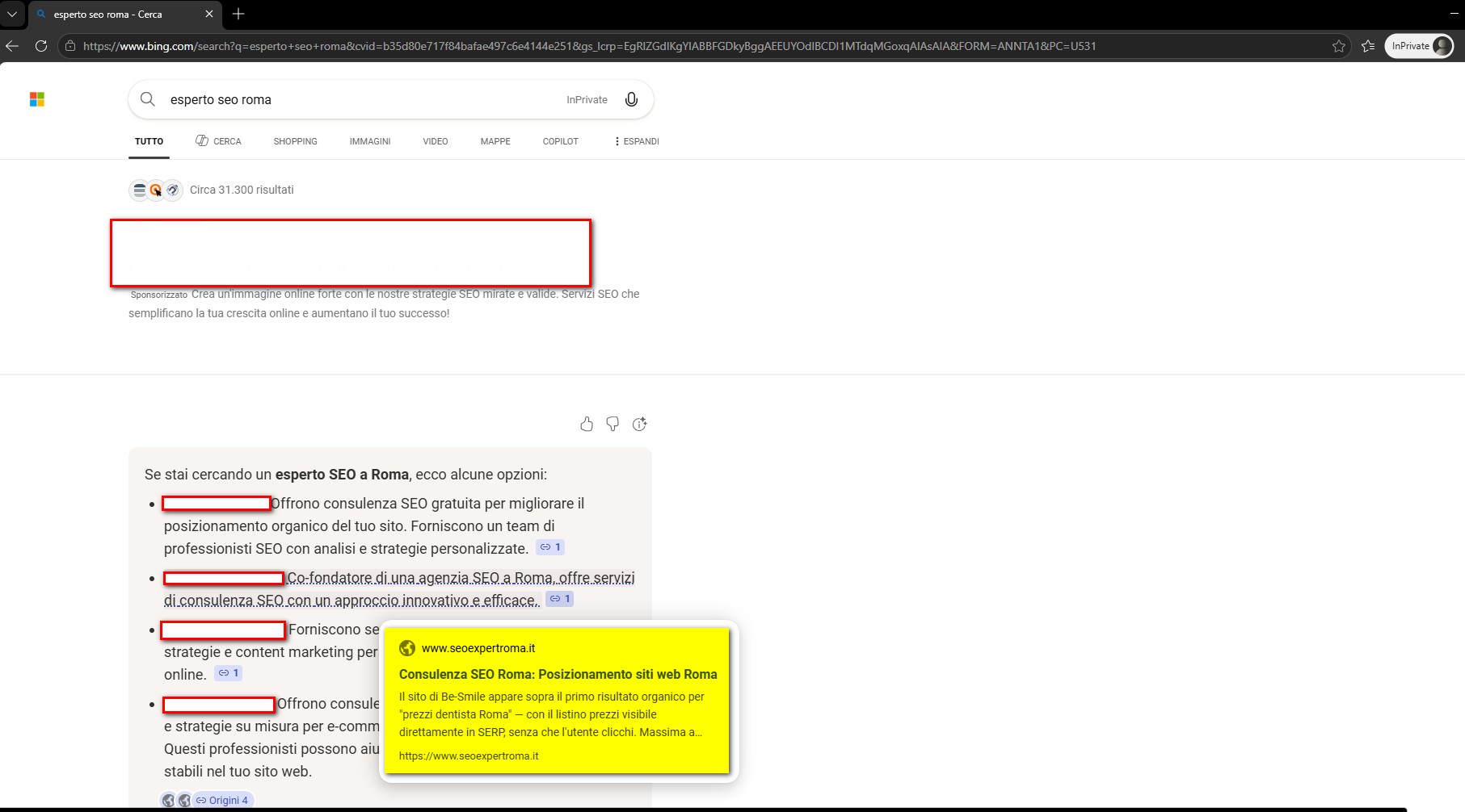 Bing Copilot Microsoft cita Giulio La Starza come esperto SEO Roma