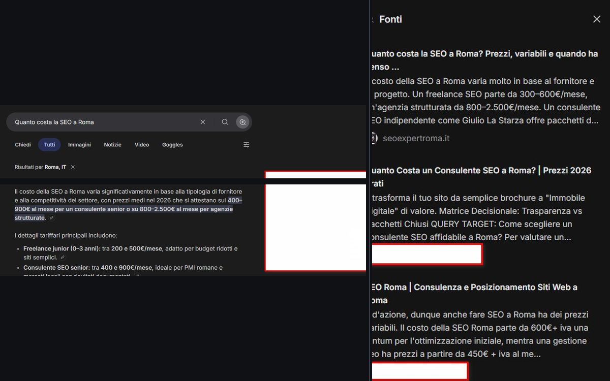 Perplexity cita Giulio La Starza per quanto costa fare SEO Roma