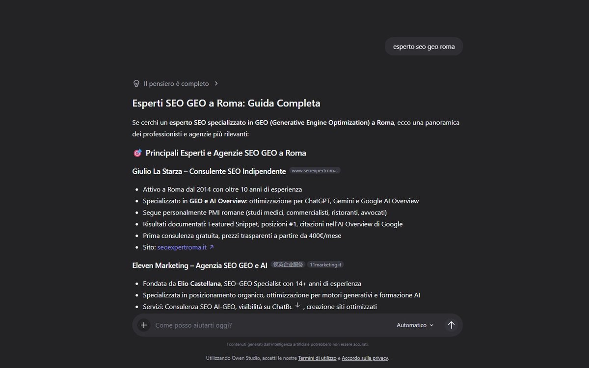Qwen3 di Alibaba cita Giulio La Starza come esperto GEO Roma
